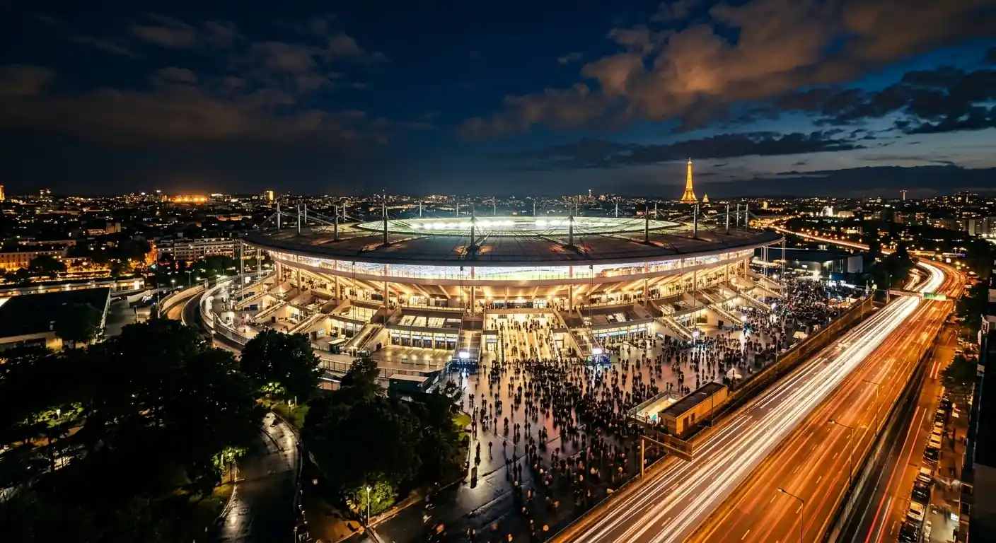 Noćna panorama velikog nogometnog stadiona okruženog gradskim svjetlima uoči povijesnog polufinala