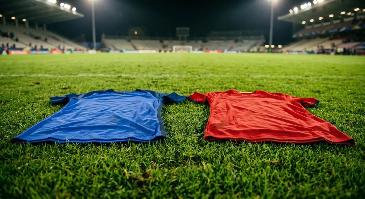 Dva nogometna dresa, jedan plavi i jedan crveni, položena jedan pored drugog na zelenom travnjaku stadiona