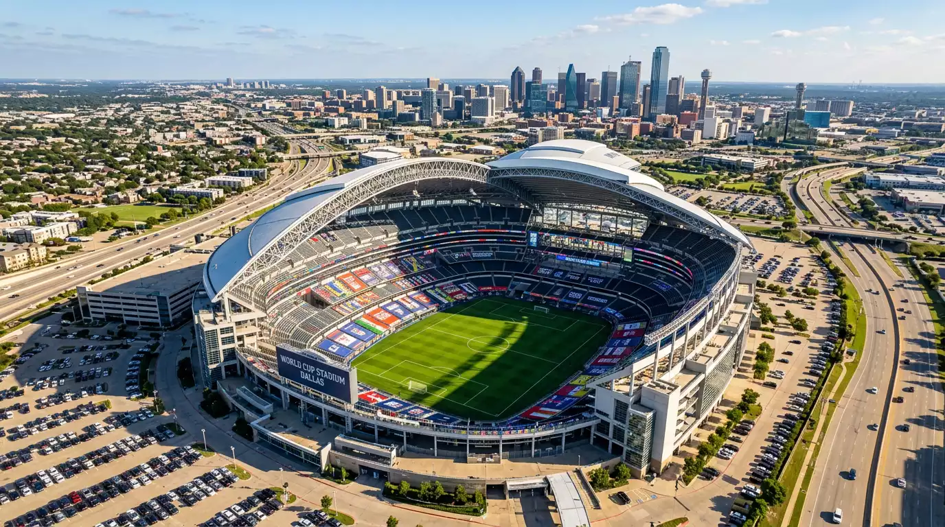 Pogled na prazan nogometni stadion s tribinama spremnim za utakmicu Svjetskog prvenstva 2026