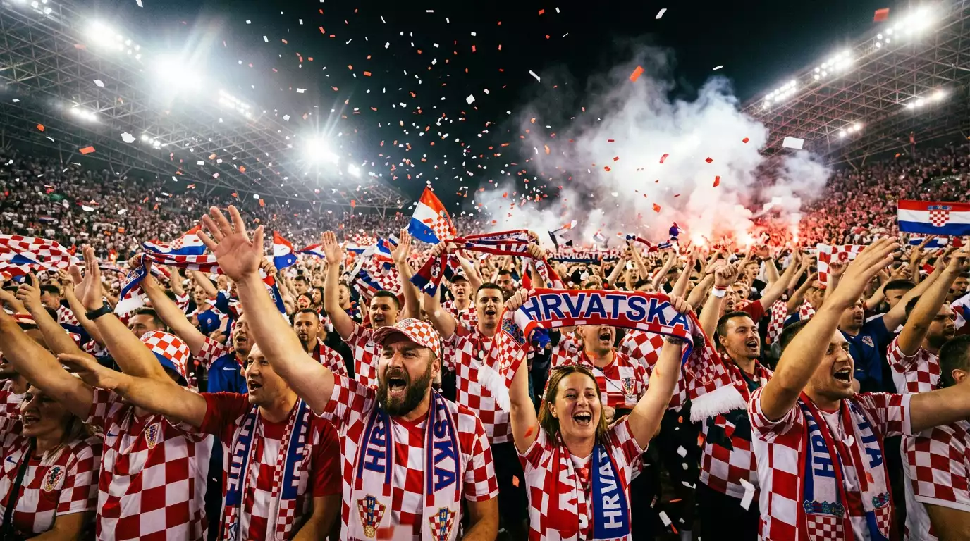 Hrvatski nogometni navijači u crveno-bijelim dresovima s kockastim uzorkom na tribinama stadiona