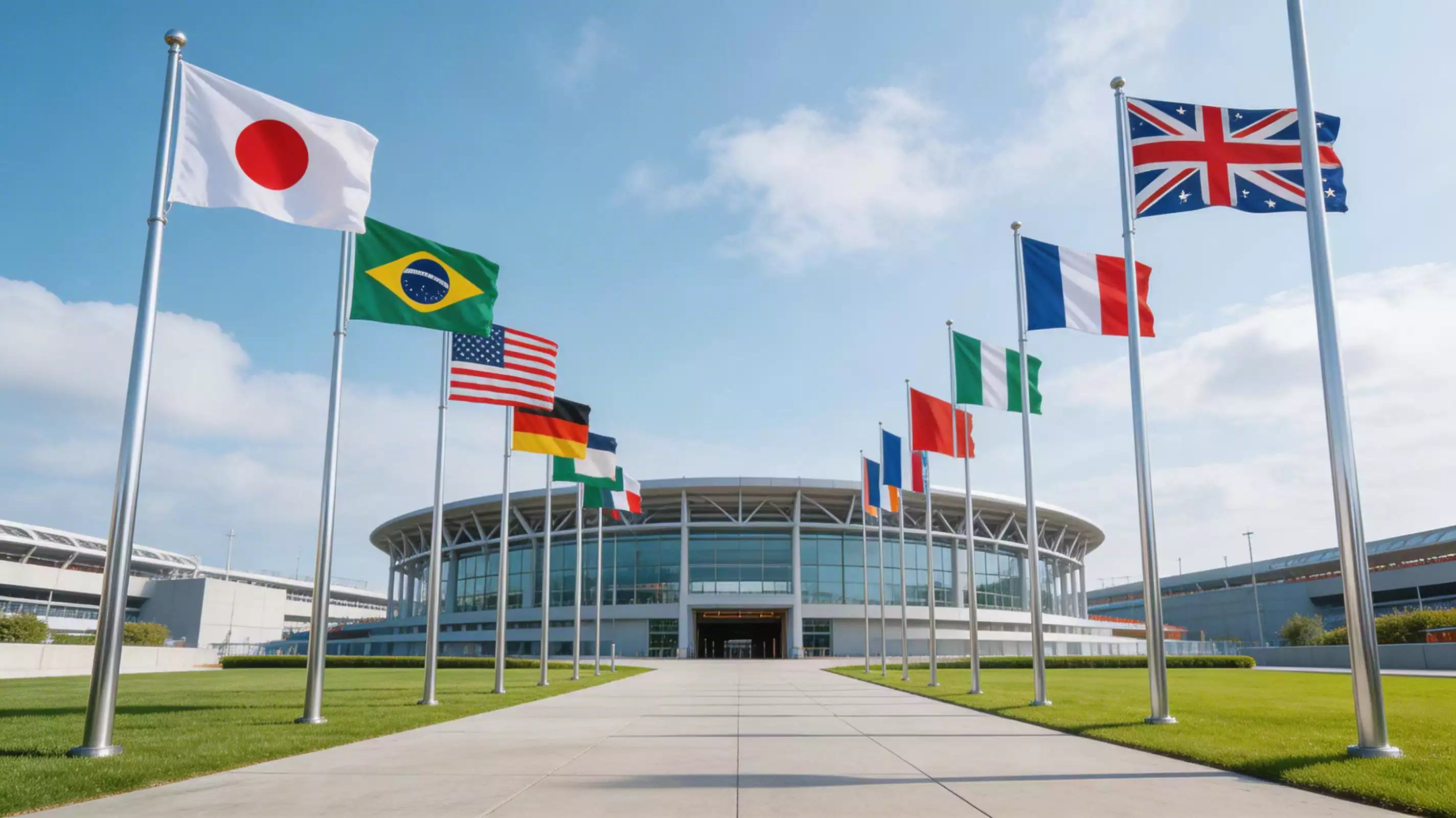 Zastave raznih nogometnih reprezentacija postavljene ispred stadiona uoči Svjetskog prvenstva